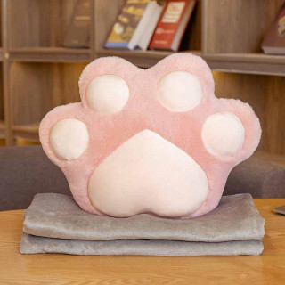 Мягкая игрушка подушка-муфта с пледом Лапка меховая розовая