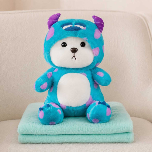 Мягкая игрушка с пледом Мишка в капюшоне БИРЮЗОВЫЙ в точечку