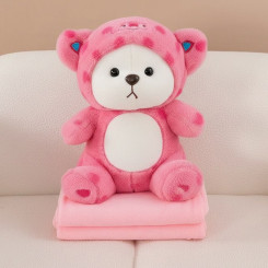 М'яка іграшка з пледом Ведмедик у капюшоні РОЖЕВИЙ у крапочку