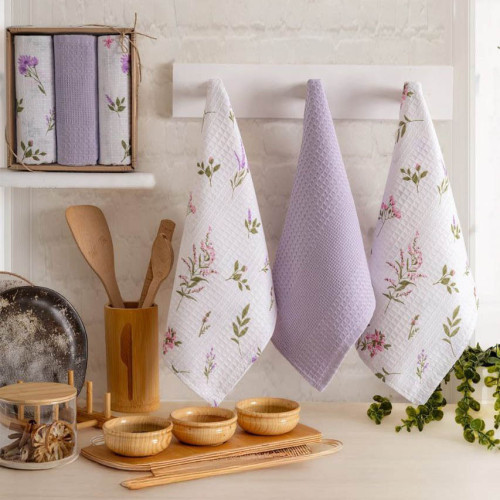 Набор полотенец кухонных вафельных NILHome Цветы сиреневый 40х60 3 шт