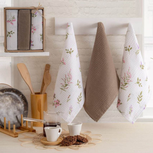 Набор полотенец кухонных вафельных NILHome Цветы коричневый 40х60 3 шт