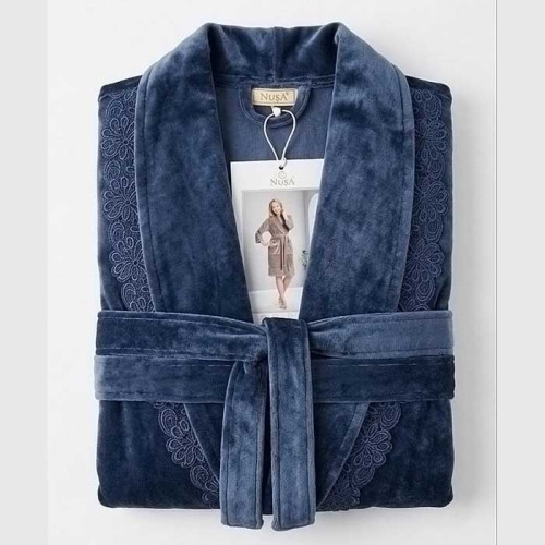 Халат женский велюровый с кружевом ТМ Nusa ns-18191 mavi