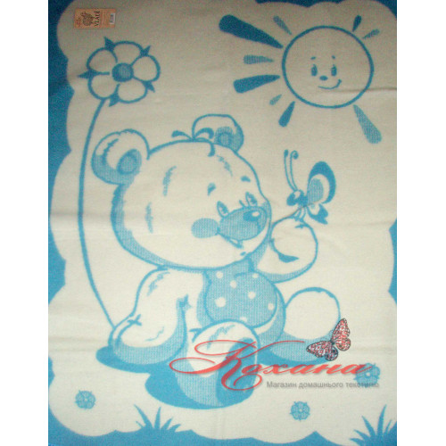 Одеяло жаккардовое шерстяное ТМ Vladi детское Мишка на лужайке голубое